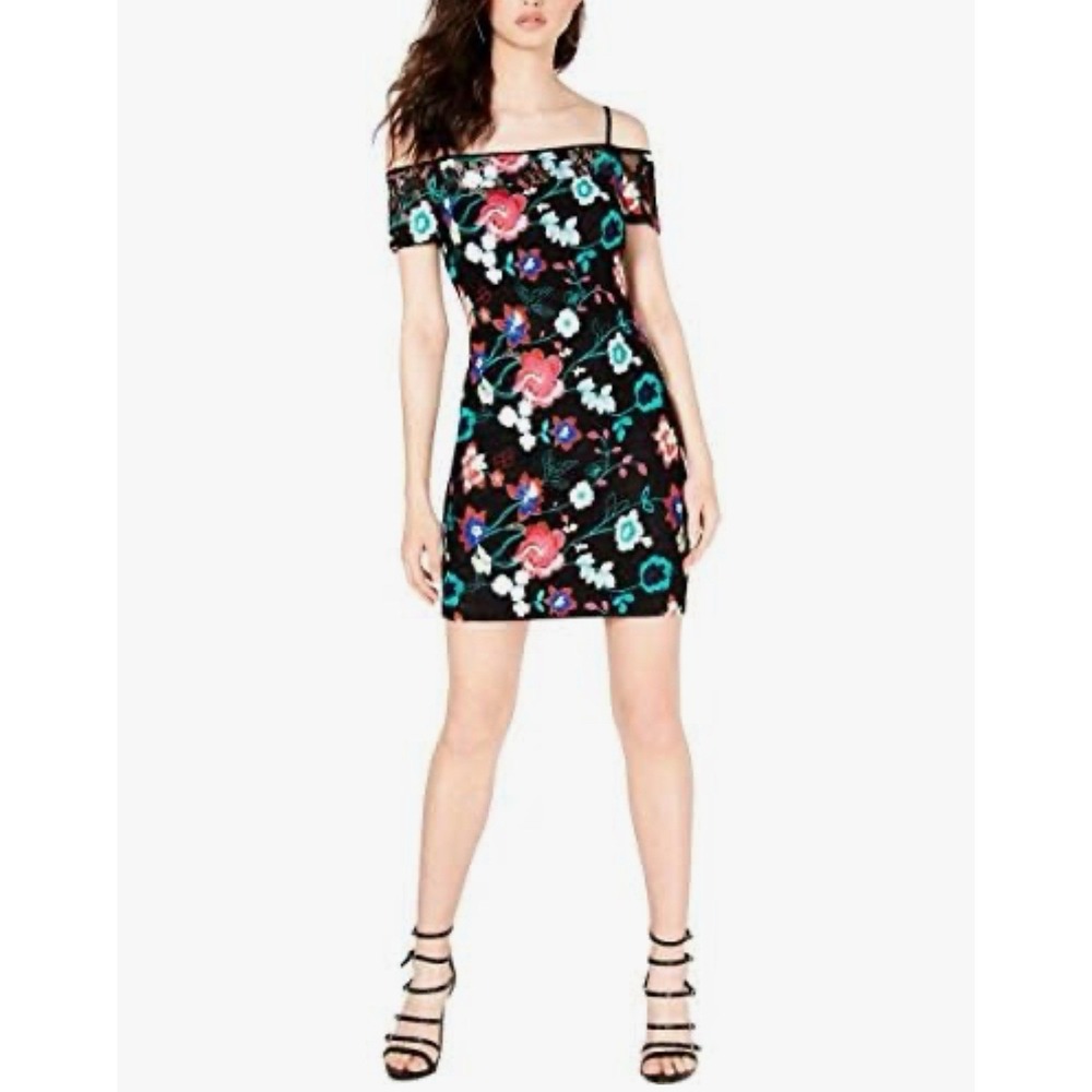 Guess Women's Black Floral Embroidered Off‎ The Shoulder Sheath Dress Size 0